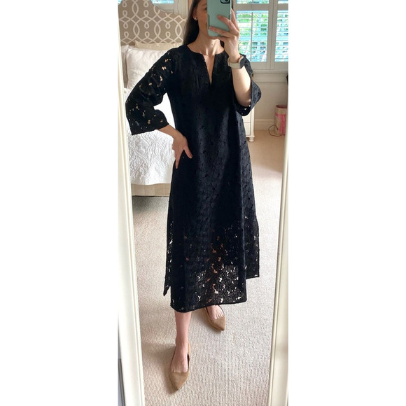 Tuckernuck Black V-Neck Floral Lace Eyelet Jamie Midi Kaftan Shift Dress XS - Picture 7 of 15